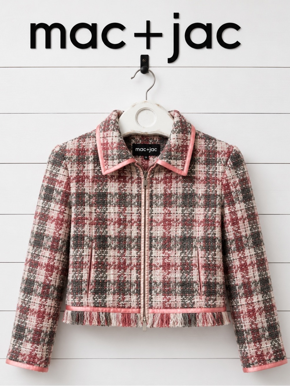 MAC + JAC Pink Tweed Fringe Jacket Size 8